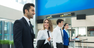 چهار کارمند فرودگاه در یک صف ایستاده و لبخند می‌زنند.