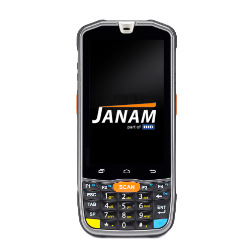 ریدر کامپیوتر موبایل مقاوم Black HID® Janam™ XM75+ با لوگوی Janam روی صفحه نمایش